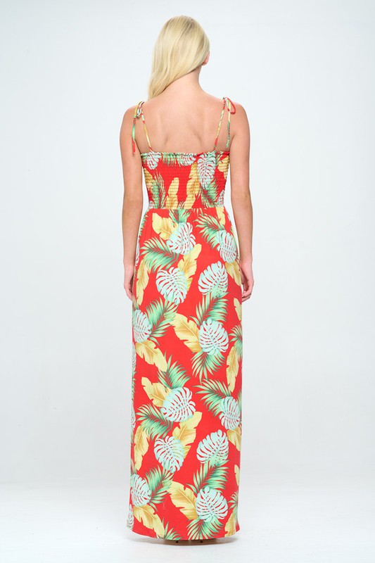 Smocked tropical print maxi dress