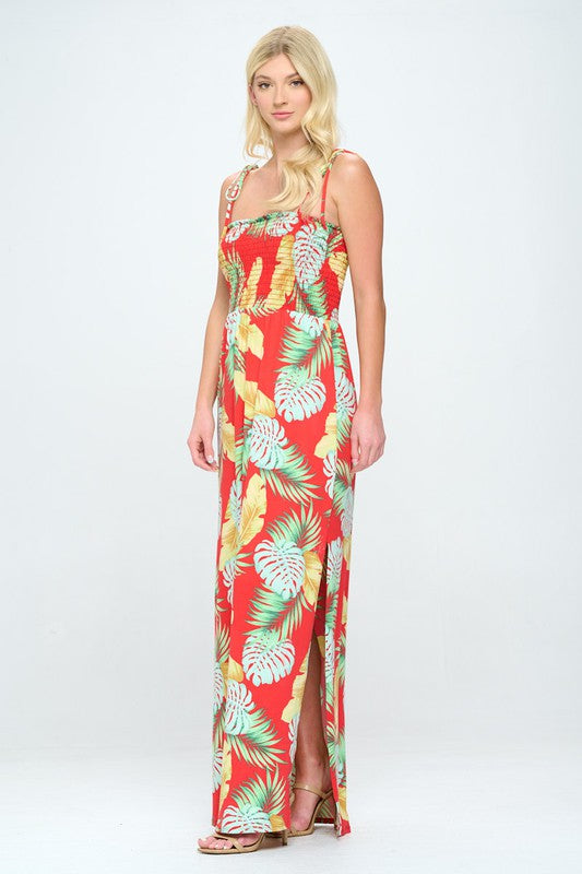 Smocked tropical print maxi dress