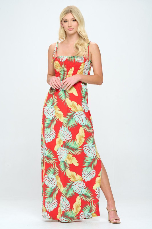 Smocked tropical print maxi dress