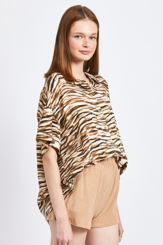 ZEBRA PRINT BUTTON UP VAUGHN TOP