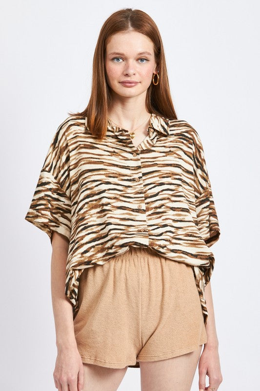 ZEBRA PRINT BUTTON UP VAUGHN TOP