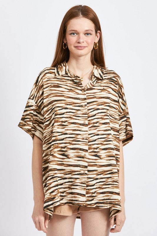 ZEBRA PRINT BUTTON UP VAUGHN TOP