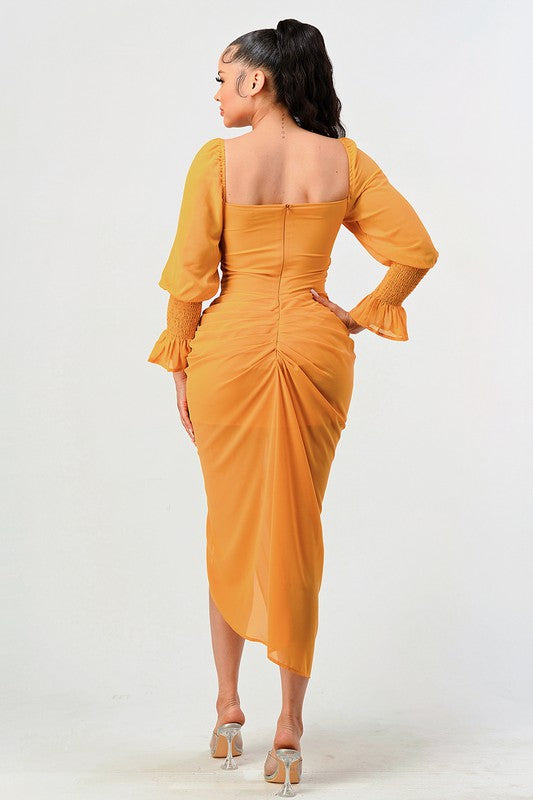 Summer solid yellow long sleeve chiffon dress