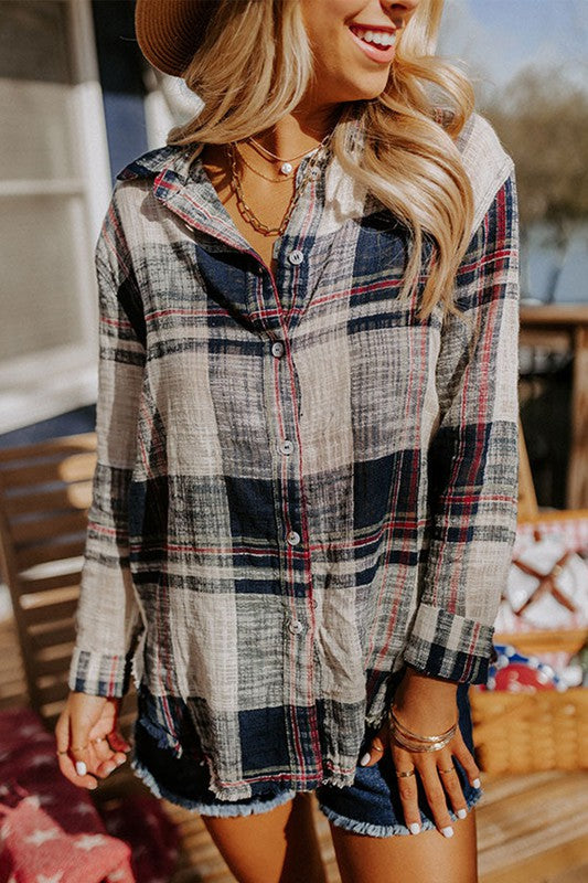 Raw Edge Plaid Print Shirt