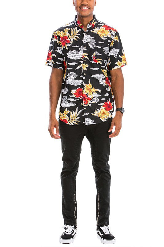 Men's Hawaiian Print Button Down Shirt