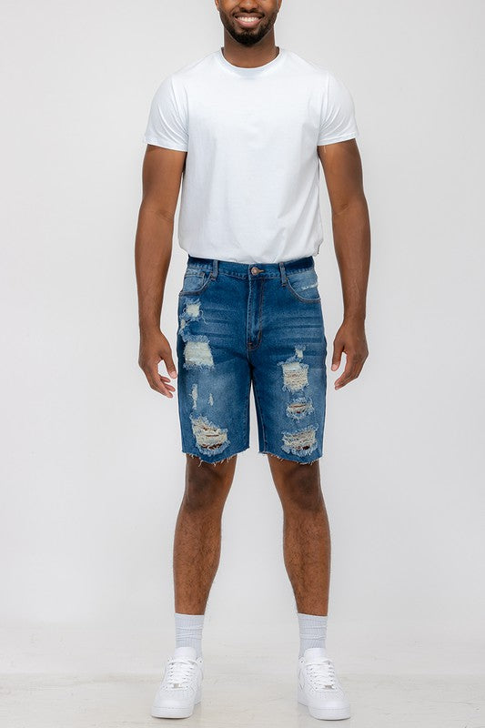 Distressed Stretch Denim Shorts