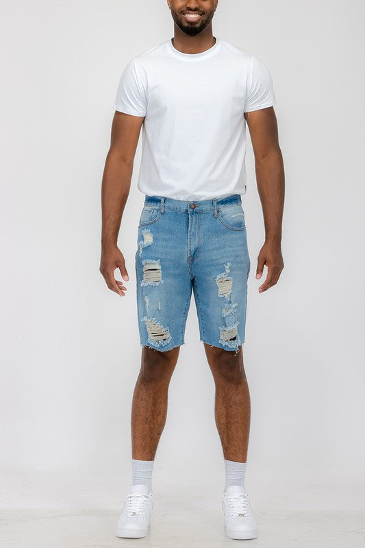 Distressed Stretch Denim Shorts