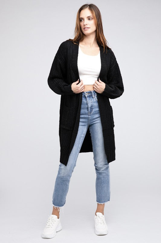 Twist Knitted Open Front Cardigan With Pockets