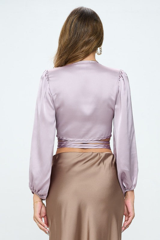 Silky Satin Wrap Crop Top with Tie