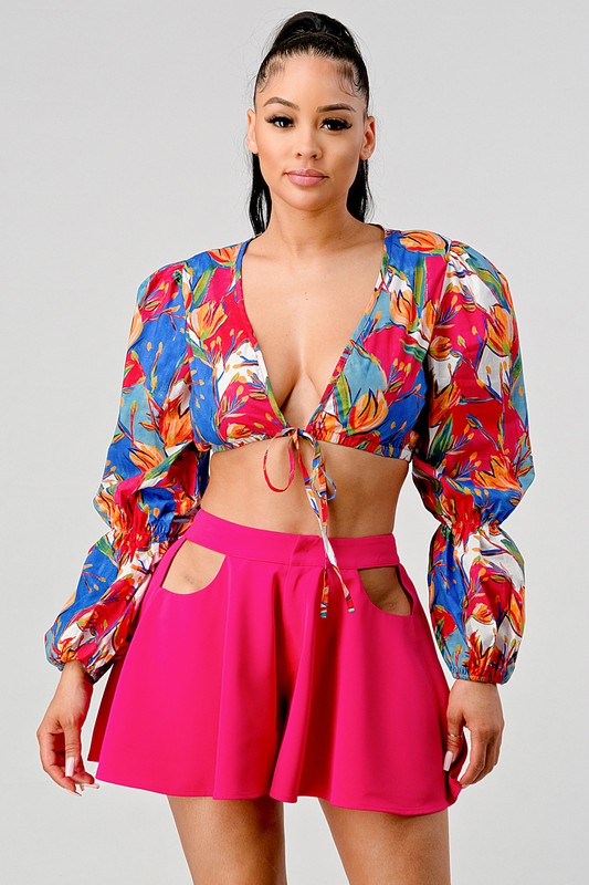 Athina crop printed top and cutout pants set