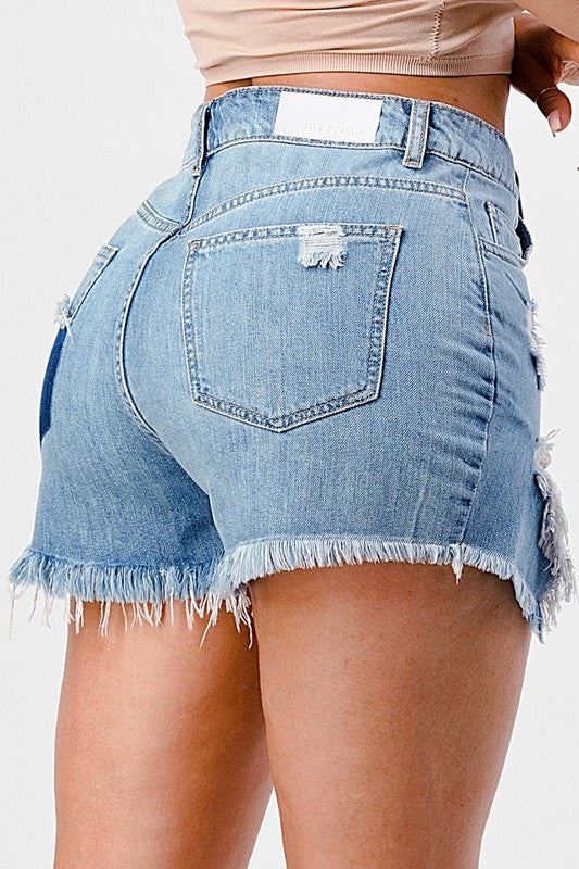 DISTRESSED HIGH LOW CUT OFF FRAYED HEM SHORT