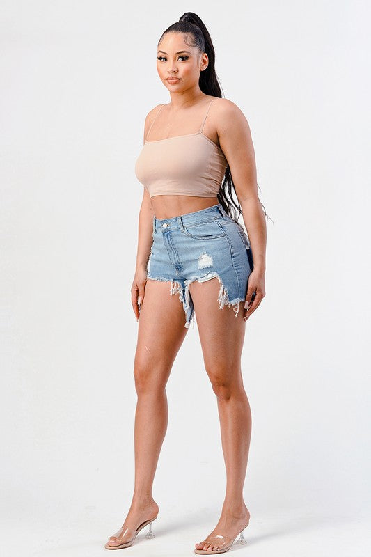 DISTRESSED HIGH LOW CUT OFF FRAYED HEM SHORT