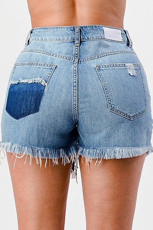 DISTRESSED HIGH LOW CUT OFF FRAYED HEM SHORT