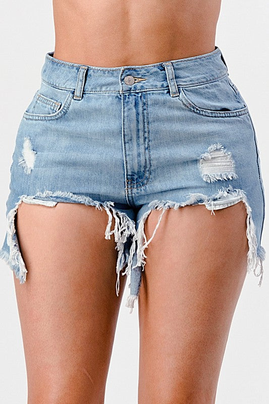 DISTRESSED HIGH LOW CUT OFF FRAYED HEM SHORT