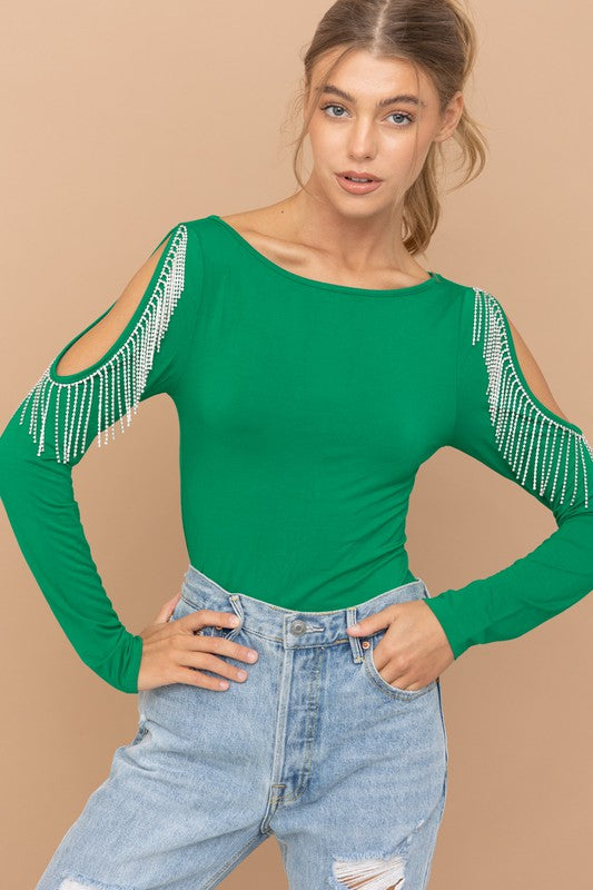 Cold Shoulder Rhinestone Fringe Bodysuit