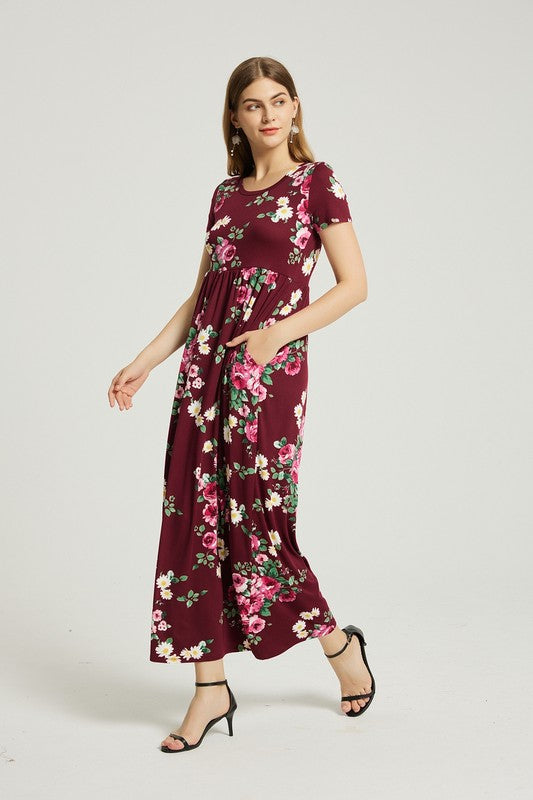 Womens Summer Casual Floral Maxi Dress With Pocket