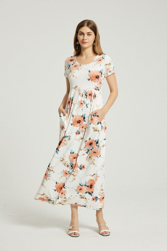 Womens Summer Casual Floral Maxi Dress With Pocket