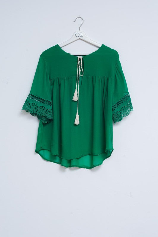 BRODERIE TIE FRONT BLOUSE IN GREEN