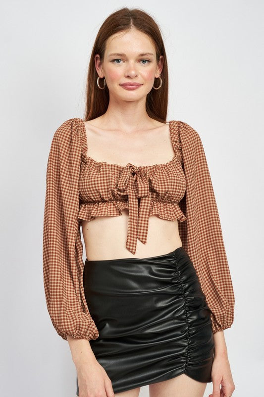 GINGHAM SQUARE NECK CROP TOP WITH RUFFLE DETAIL