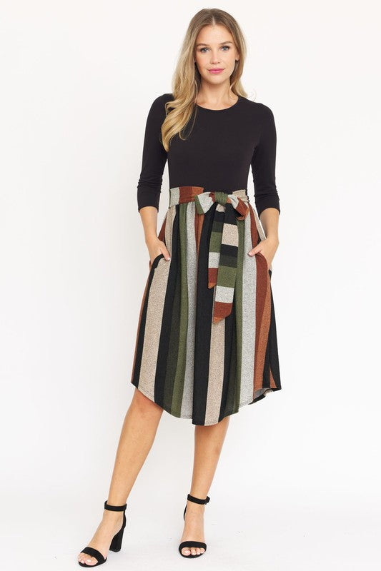 Quarter Sleeve Stripe Sash Midi Dress