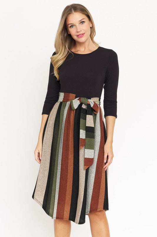 Quarter Sleeve Stripe Sash Midi Dress