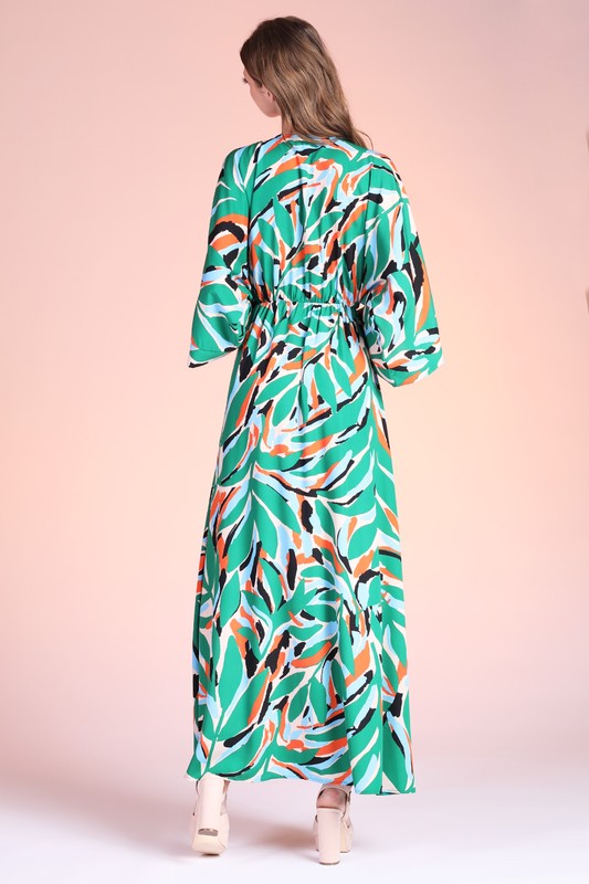 Kalo Leaf Print Kimono Maxi Dress