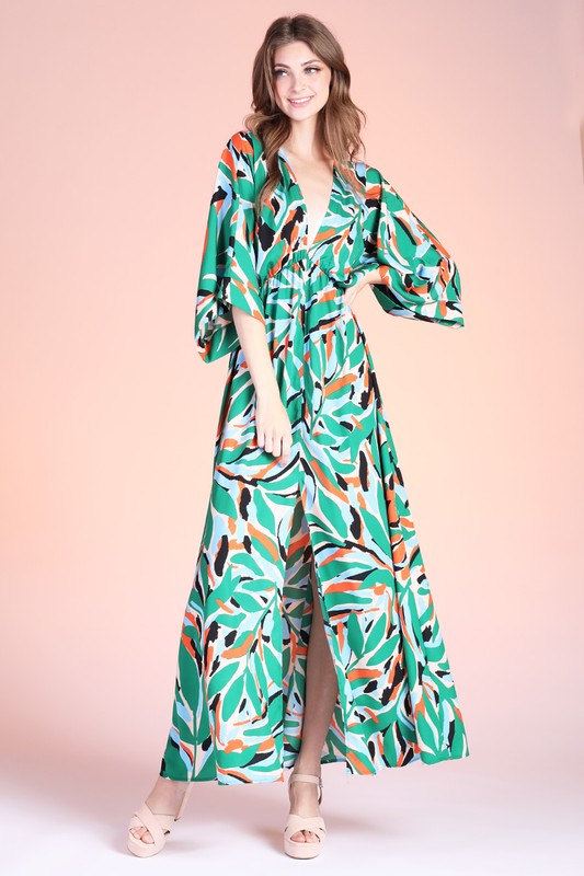 Kalo Leaf Print Kimono Maxi Dress