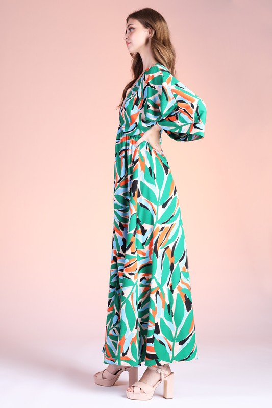 Kalo Leaf Print Kimono Maxi Dress