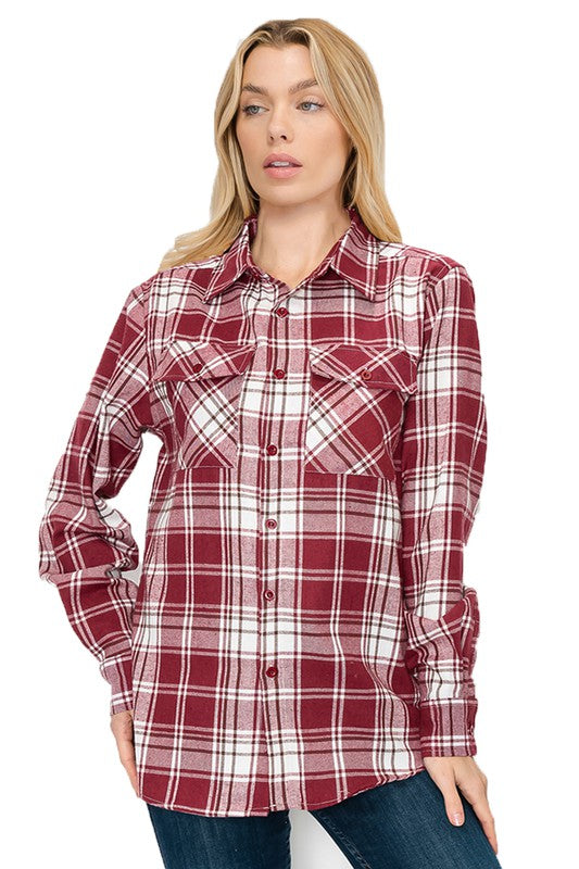 Women Boyfriend Fit Checker Plaid Flannel Long Sleeve Shirt