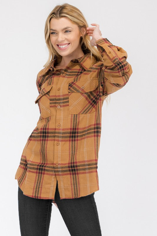 Women Boyfriend Fit Checker Plaid Flannel Long Sleeve Shirt