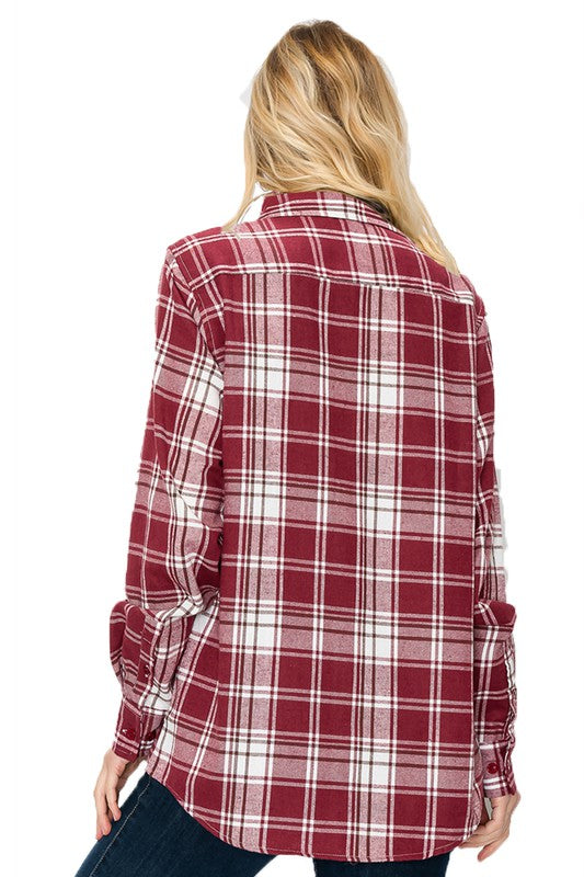 Women Boyfriend Fit Checker Plaid Flannel Long Sleeve Shirt