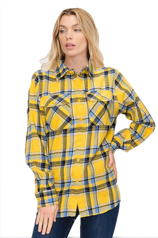 Women Boyfriend Fit Checker Plaid Flannel Long Sleeve Shirt