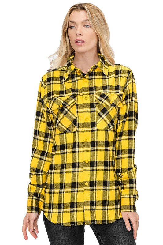 Women Boyfriend Fit Checker Plaid Flannel Long Sleeve Shirt