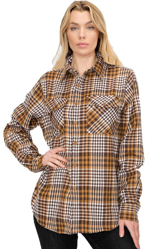 Women Boyfriend Fit Checker Plaid Flannel Long Sleeve Shirt