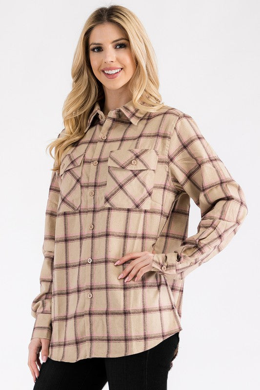 Women Boyfriend Fit Checker Plaid Flannel Long Sleeve Shirt