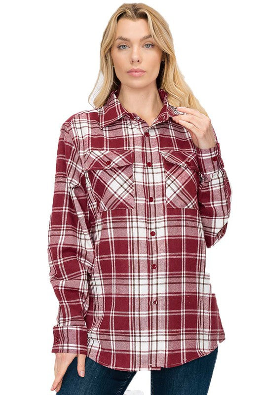 Women Boyfriend Fit Checker Plaid Flannel Long Sleeve Shirt