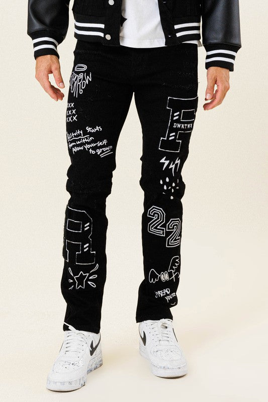 MULTI PATCH  SLIM FIT BLACK DENIM PANTS