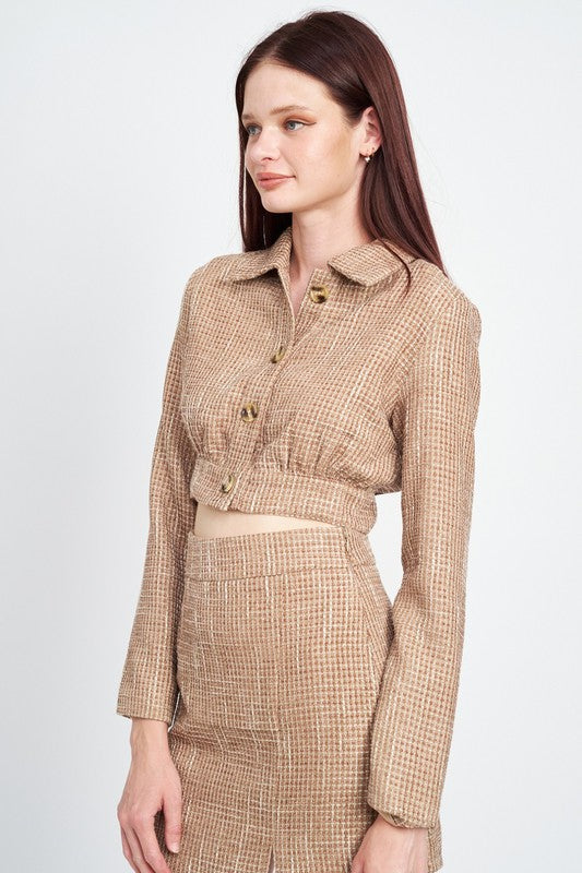 CROPPED TWEED JACKET WITH SHIRRING DETAIL