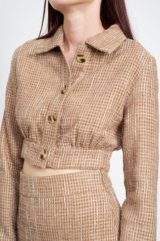 CROPPED TWEED JACKET WITH SHIRRING DETAIL