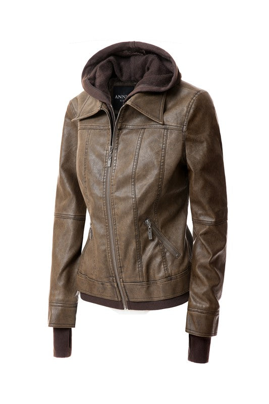 Women's Hood PU Leather Jacket