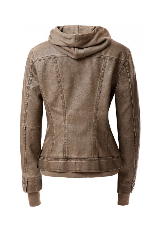 Women's Hood PU Leather Jacket