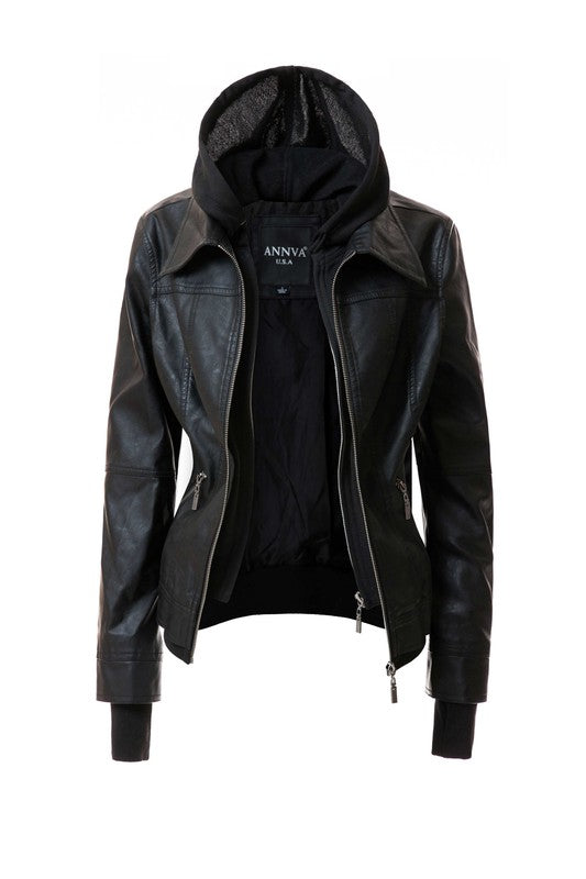 Women's Hood PU Leather Jacket