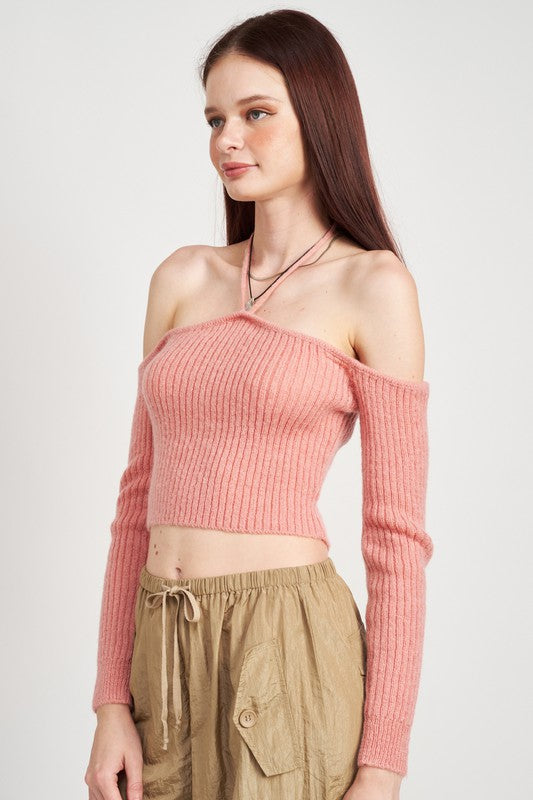 OFF THE SHOULDER CROPPED KNIT TOP