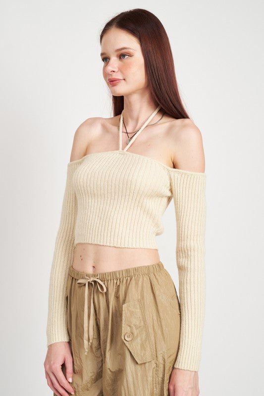 OFF THE SHOULDER CROPPED KNIT TOP