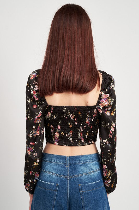 Floral Cropped Top With Smocking