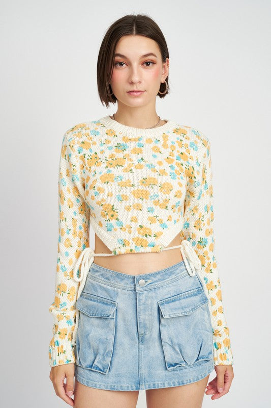 Printed Sweater Top With Side Drawstrings