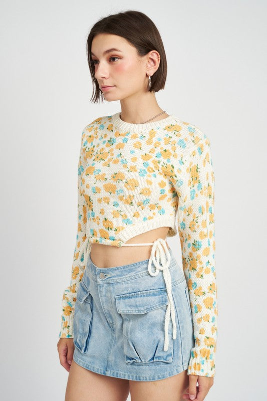 Printed Sweater Top With Side Drawstrings