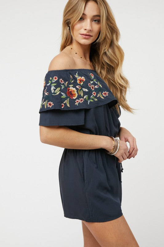 FLORAL EMBROIDERED OFF SHOULDER ROMPER