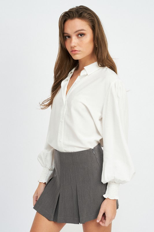 BUTTON UP COLLARED BLOUSE WITH SMOCKING