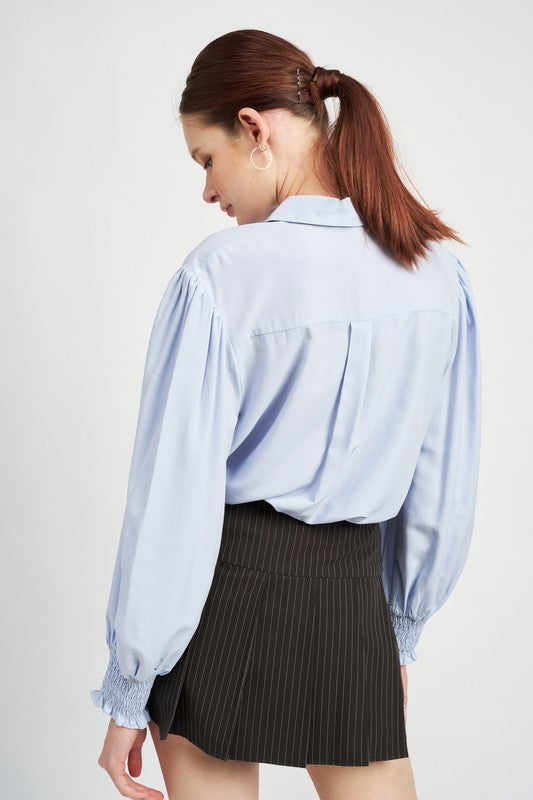 BUTTON UP COLLARED BLOUSE WITH SMOCKING